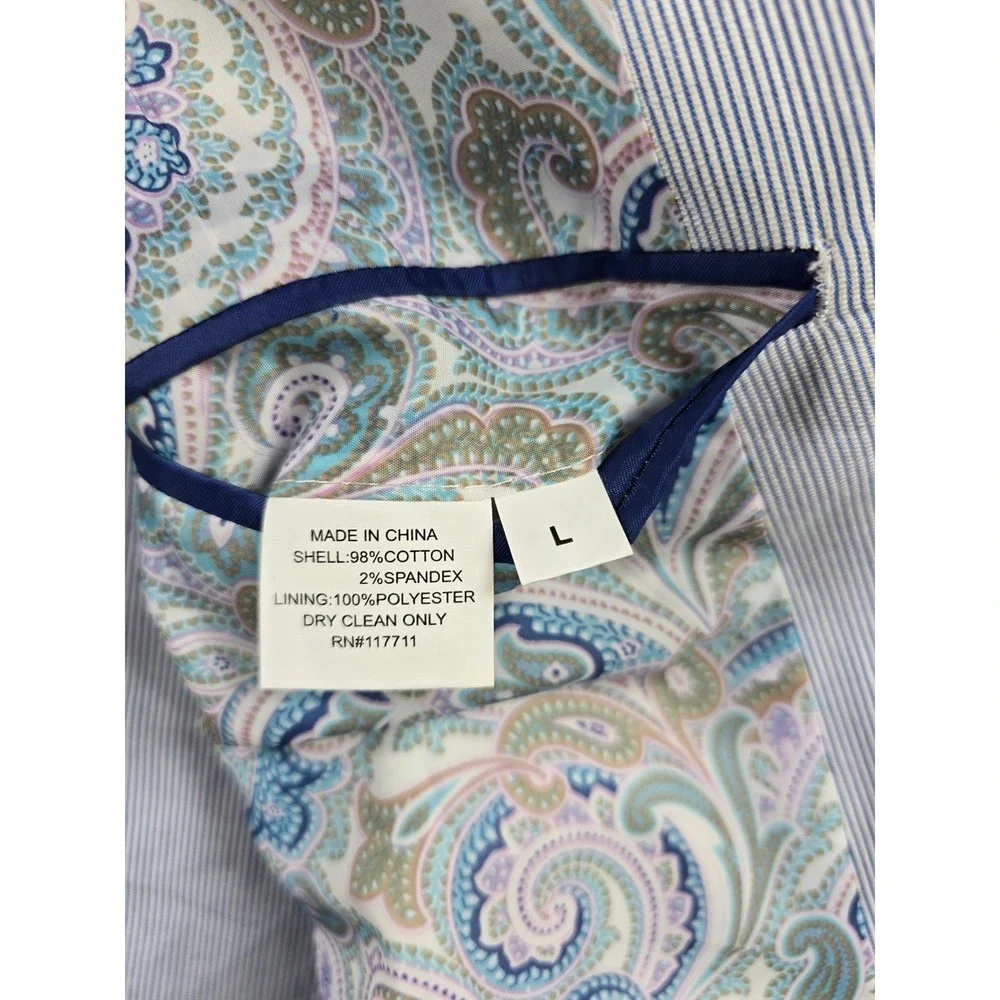 Alan‎ Flusser Seersucker Sport Coat Mens Large Blue White Paisley Lined Blazer